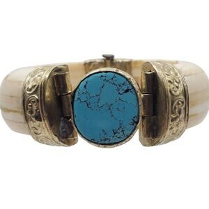 Faux Turquoise & Off White Bangle Hinged Bracelet Chunky Hippie Vintage Boho